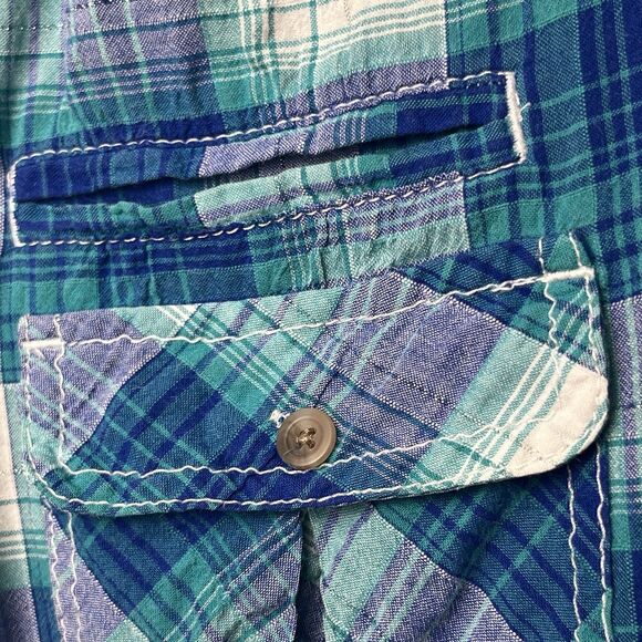 Express Top Long Sleeve Button Up Shirt Plaid Green Purple Sparkle Large Western - Picture 3 of 5